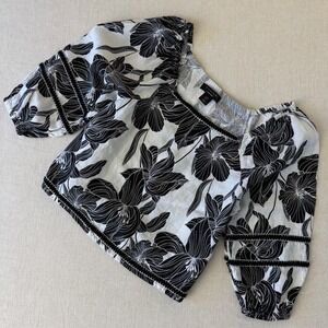 Tahari Womens 100% Linen Floral Puff Sleeve Blouse Black White  Medium